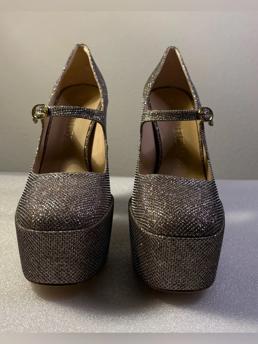 Stuart Weitzman Mary Jane Platform Heels Metallic Adobe Glitter 7 / 37.5
